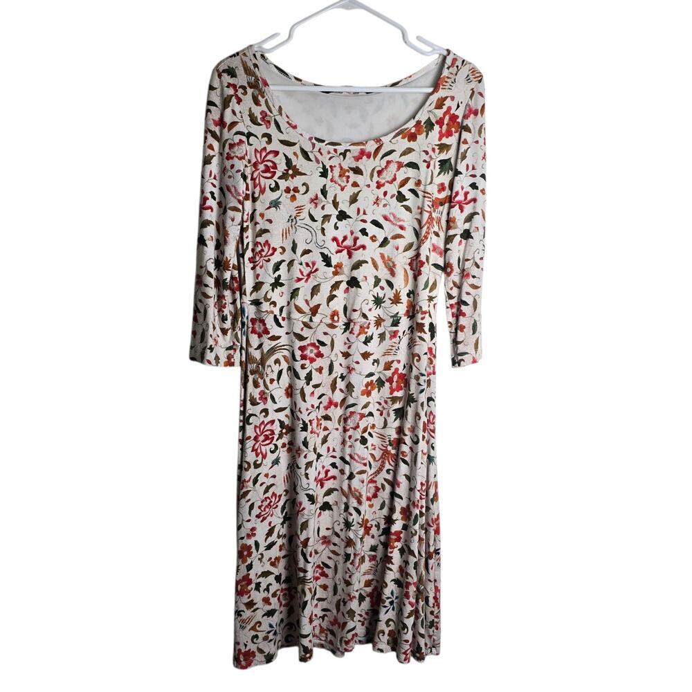 Peruvian Connection Size M Floral Bird Print 3/4 Sleeve Knit Dress Viscose M